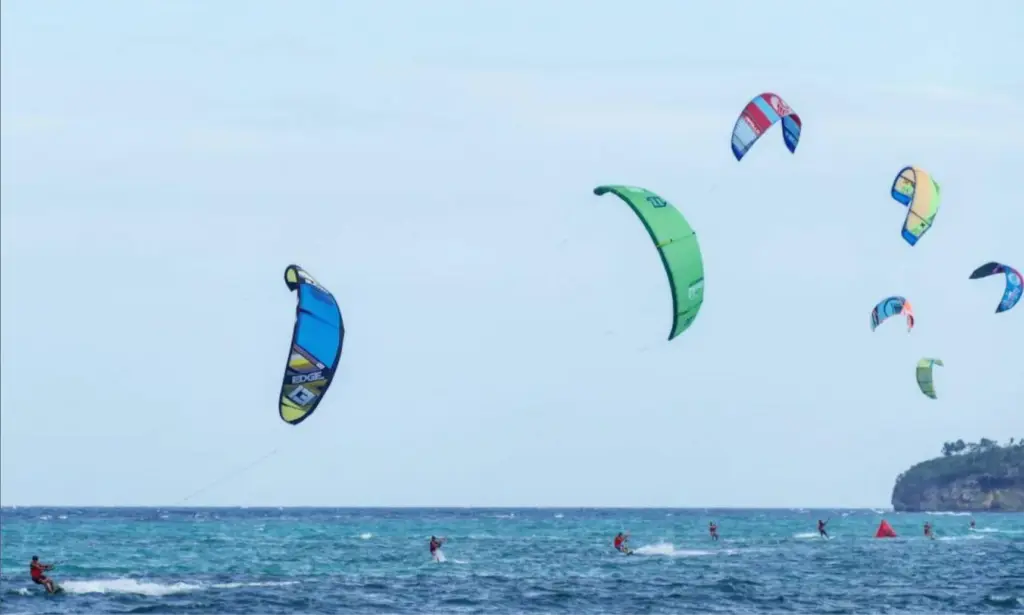 Kitesurfers riding the wind off Bulabog Beach