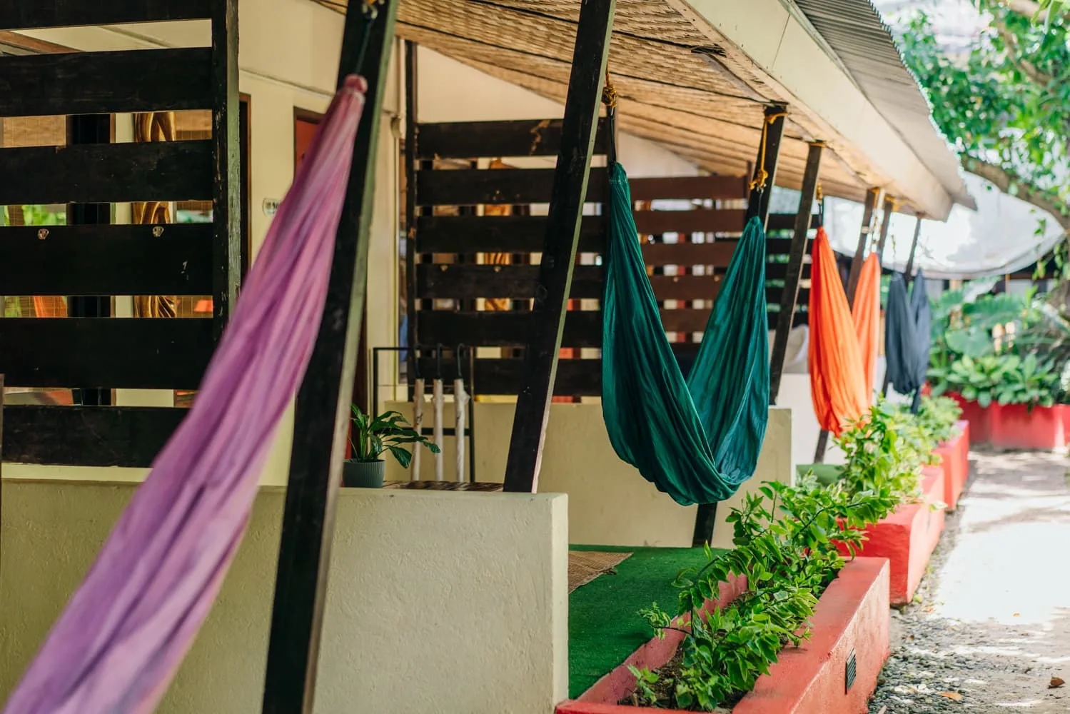 Hammocks strung along the terraces at The Lazy Dog